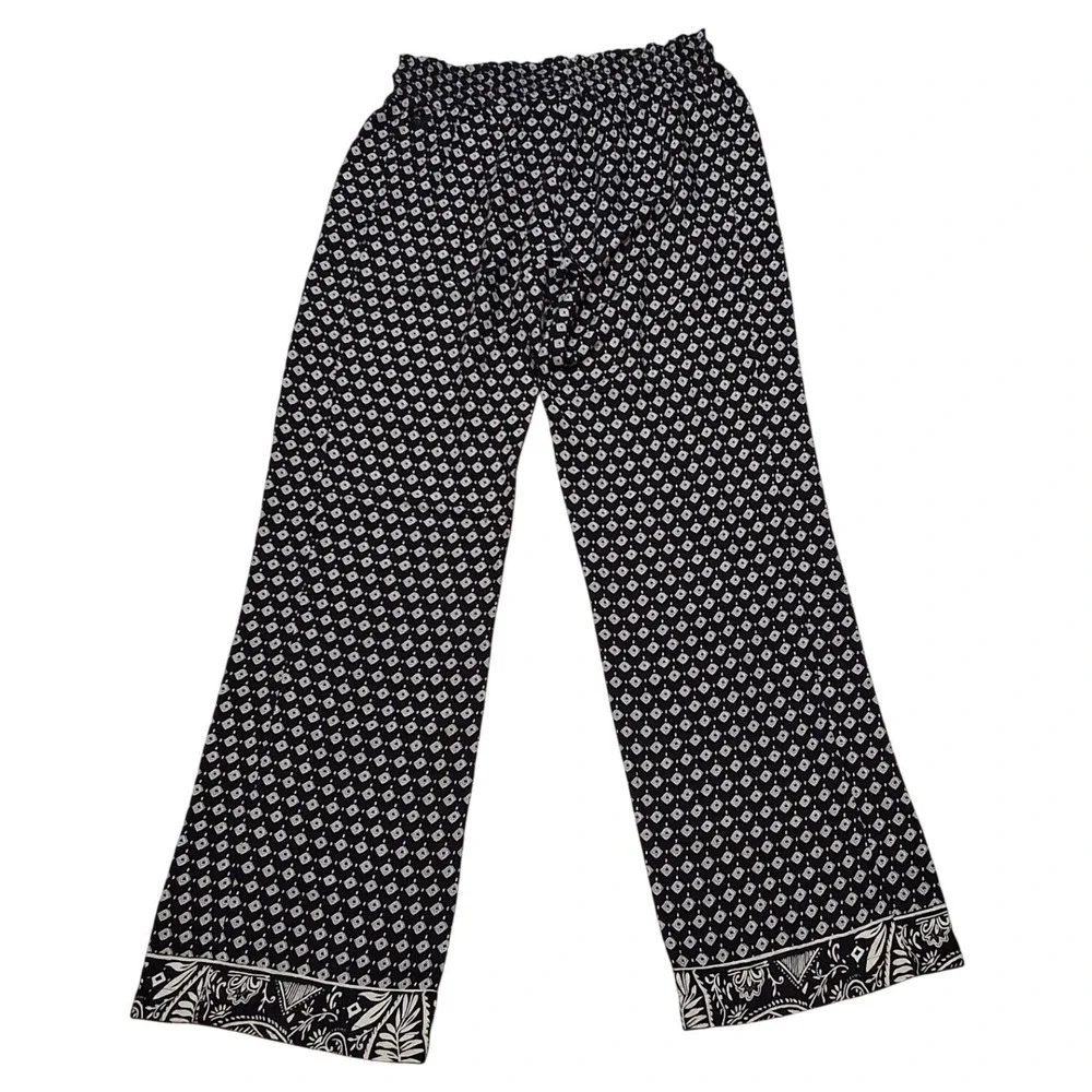 Roxy Womens Wide Leg Smocked Waist Boho Geometric‎ Print Viscose Pants Black M